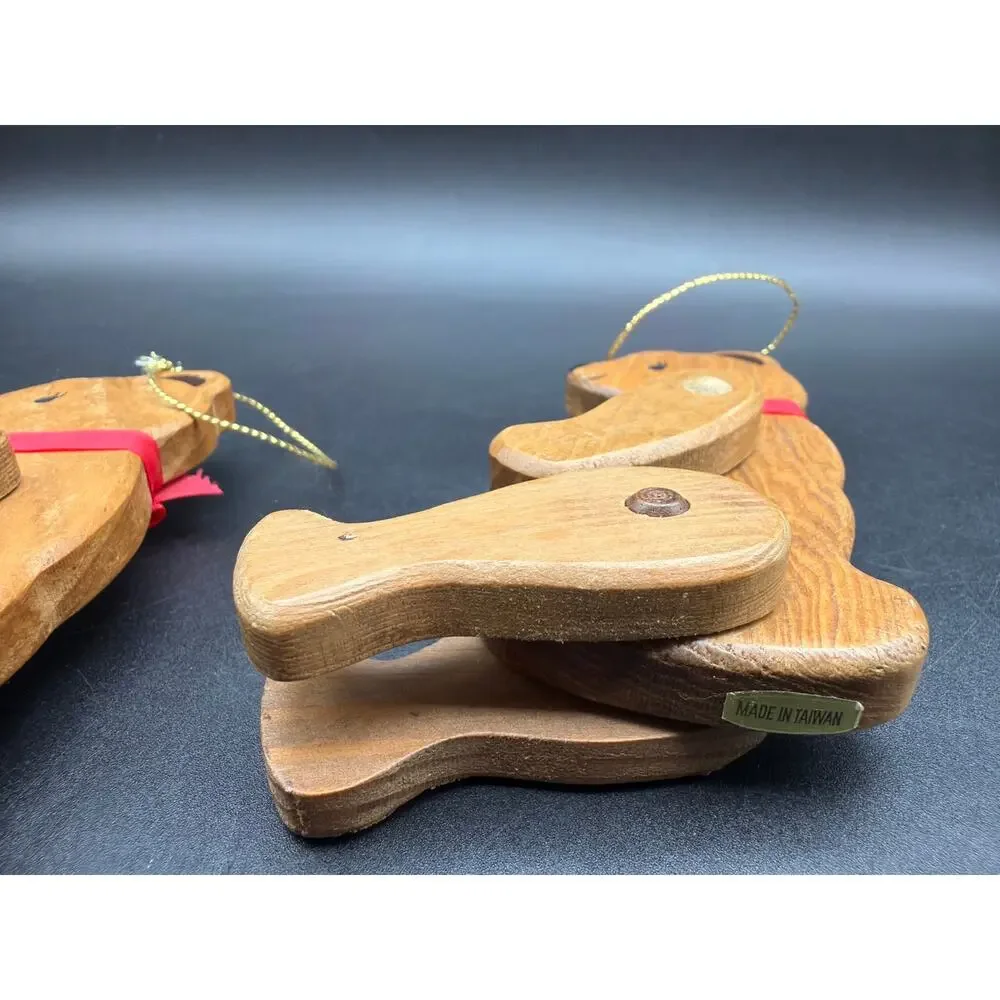 Vintage 1980s Jointed Wooden Teddy Bear Ornaments Set 2 Taiwan 5.5” Poseable
